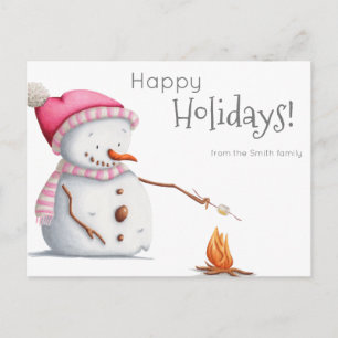 Cute Snowman Roasting Marshmallows Family Holiday Postcard