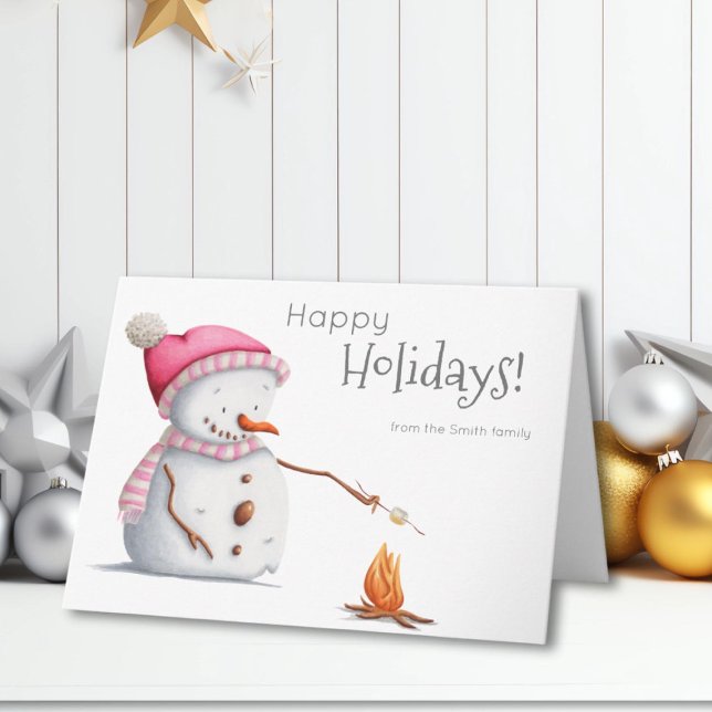 Cute Snowman Roasting Marshmallows Pink Holiday  Card (Creator Uploaded)