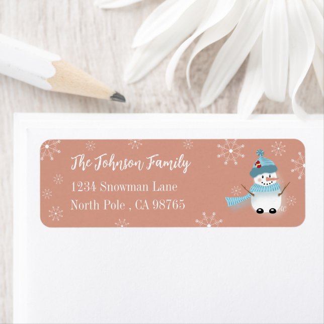Cute Snowman Salmon Pink Return Address Labels (Insitu)