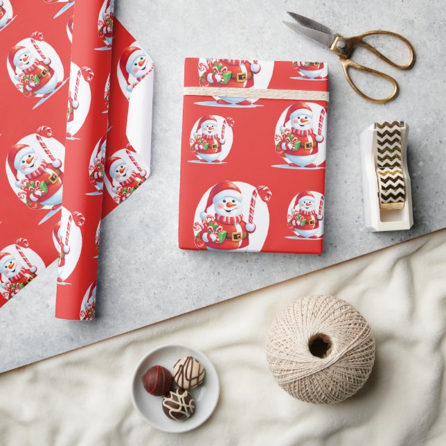 Cute Snowman Santa Xmas Sweet Candy Cane Pattern Wrapping Paper (Crafts)