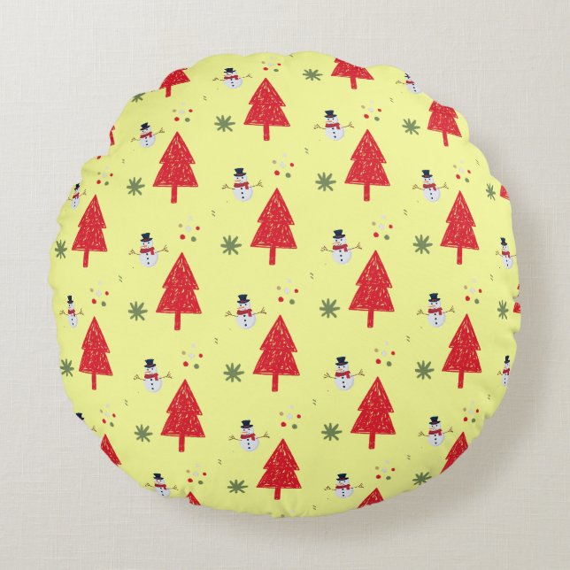 Cute snowman Santa Xmas tree Seamless pattern Round Pillow (Front)