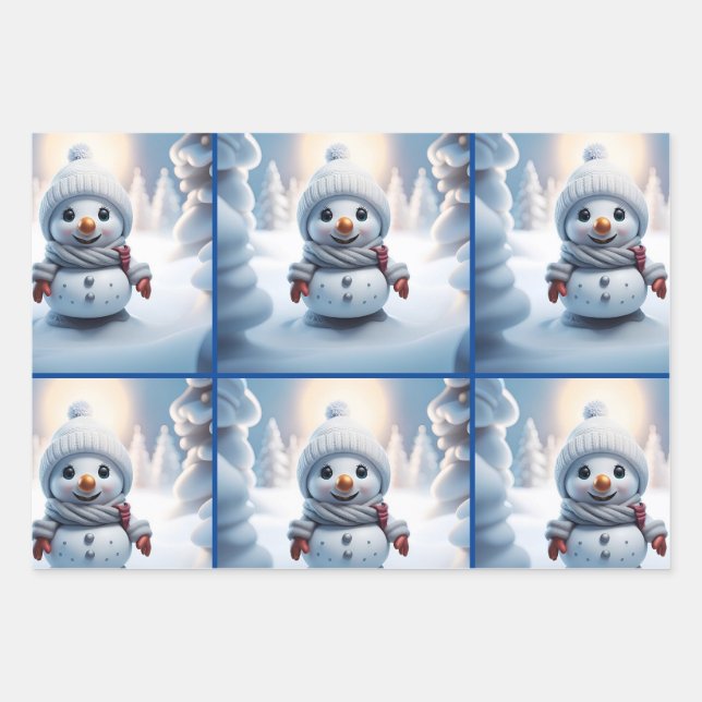 Cute Snowman Set OF 3 Designs Wrapping Paper Sheet (Front)
