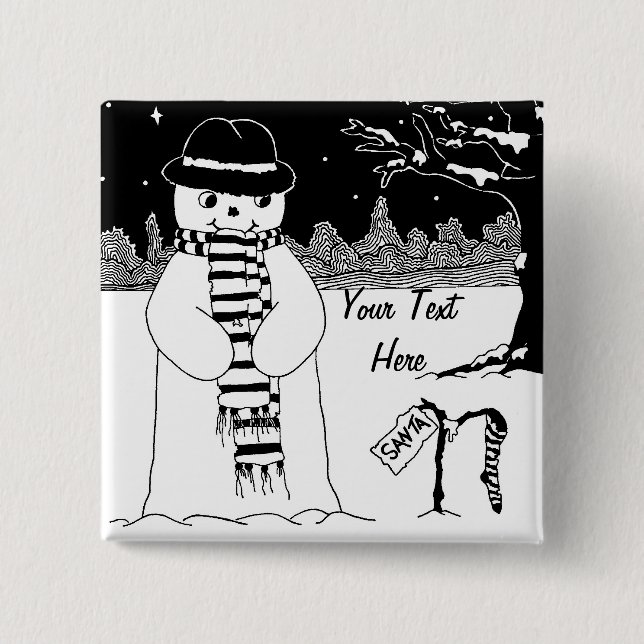 cute snowman smiling in the snow scene christmas 2 inch square button (Front)