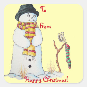 cute snowman smiling snow scene for christmas square sticker