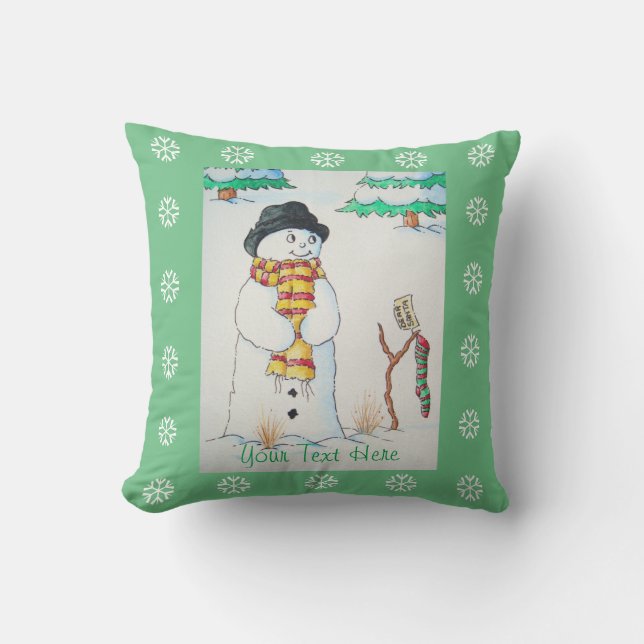 cute snowman smiling snow scene for christmas throw pillow (Front)
