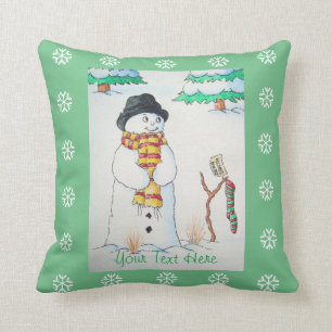 cute snowman smiling snow scene for christmas throw pillow