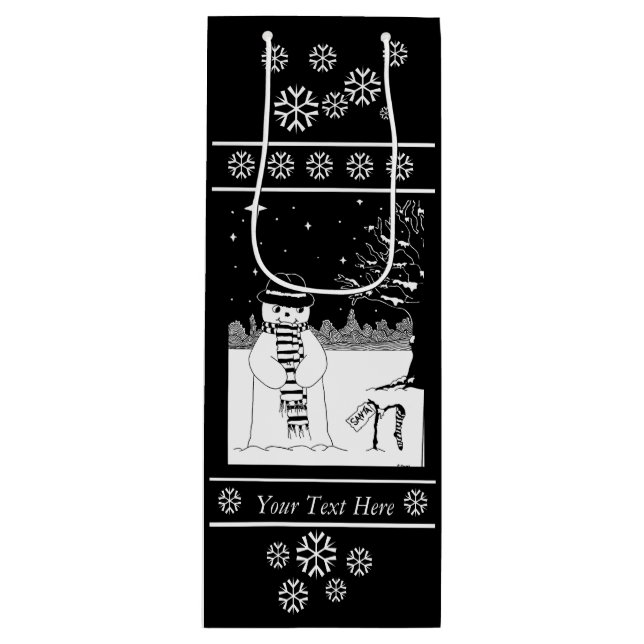 cute snowman smiling snow scene for christmas wine gift bag (Front)
