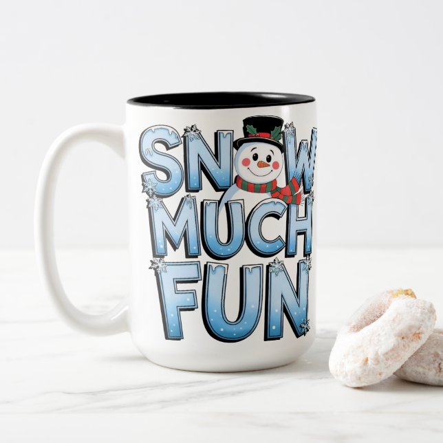 Cute Snowman Snow Much Fun Winter Christmas Two-Tone Coffee Mug (With Donut)