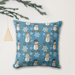 Cute Snowman Snowflake Pattern on Blue Throw Pillow