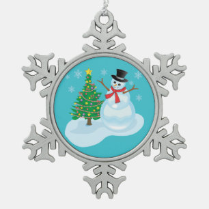 Cute Snowman Snowflake Pewter Christmas Ornament
