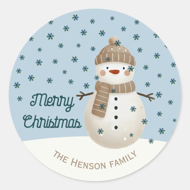 Cute Snowman Snowflakes Drawing Name Christmas Classic Round Sticker (Front)