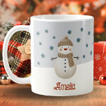 Cute Snowman Snowflakes Drawing Name Christmas Coffee Mug<br><div class="desc">Cute Snowman Snowflakes Drawing Name Christmas Coffee Mug. A cozy, Boho-inspired Christmas mug featuring cute drawing of two snowmen on a snowy hill. Soft earthy tones such as terracotta, cream, and green. Delicate snowflakes are scattered across the mug, adding a touch of winter magic. The name is in elegant script....</div>