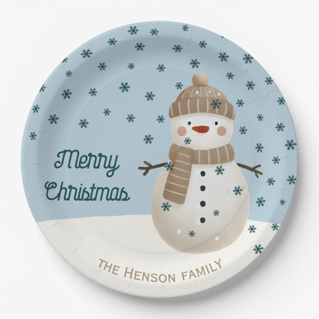 Cute Snowman Snowflakes Drawing Name Christmas Paper Plate (Front)