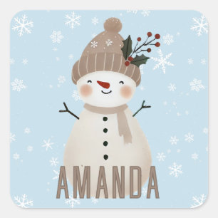 Cute Snowman Snowflakes Kids Christmas Square Sticker