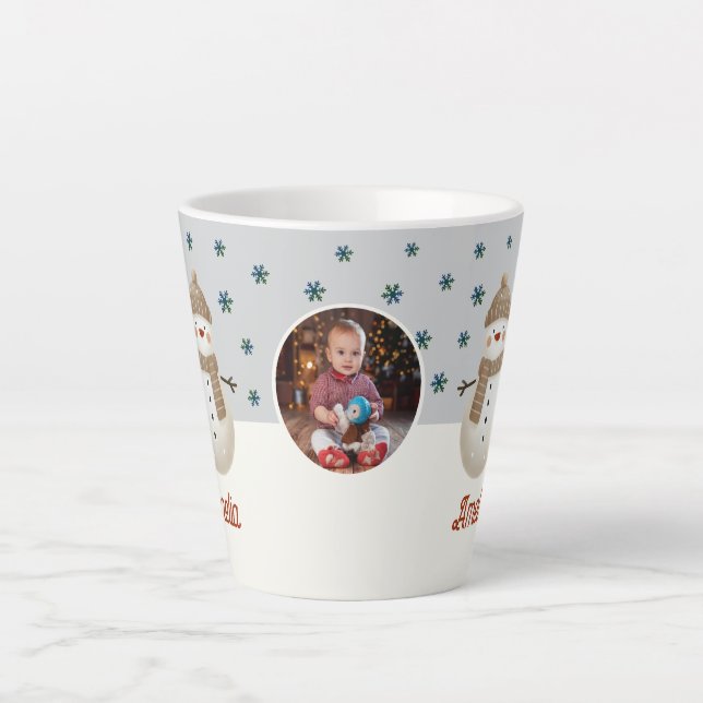 Cute Snowman Snowflakes Name Photo Christmas Latte Mug (Front)
