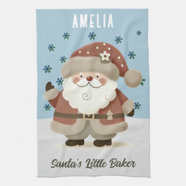 Cute Snowman Snowflakes Santa's Little Baker Kid Kitchen Towel (Vertical)