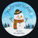 Cute Snowman Snowy Winter Christmas Classic Round Sticker<br><div class="desc">Make your gifts extra festive with our Cute Snowman Snowy Winter Christmas Classic Round Sticker! Personalize it with your name to add a special touch to your presents. Spread holiday cheer with this adorable snowman design that will surely put a smile on your loved ones' faces.</div>
