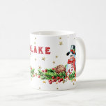 Cute Snowman Stars Custom Name Christmas Mug<br><div class="desc">A cute snowman wearing a traditional stovepipe hat,  trimmed in red and green,  with a traditional holiday arrangement  below. Gold stars are sprinkled across the design. You add a name in a bold font in a Christmasy red colour for a cute personalized winter mug.</div>