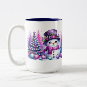Cute Snowman surrounded by Christmas Trees Two-Tone Coffee Mug