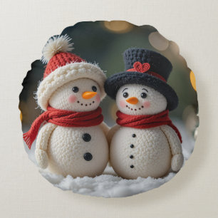 cute snowman together round pillow