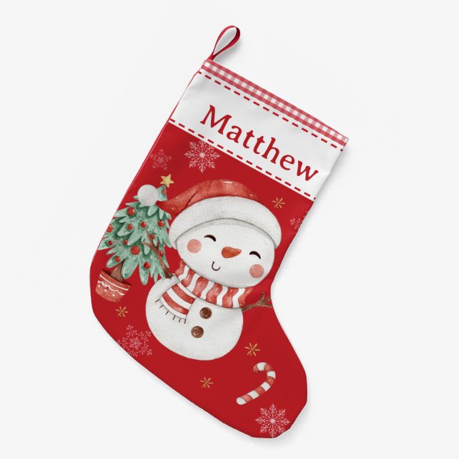 Cute Snowman Tree Candy Cane Red Gingham  Small Christmas Stocking (Front (Hanging))