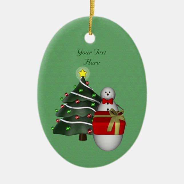 Cute Snowman Tree Holiday Customizable  Ceramic Ornament (Front)