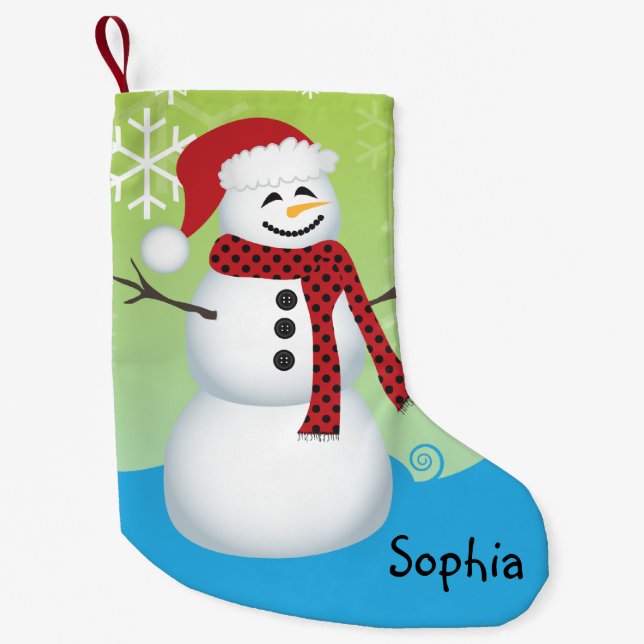 Cute Snowman Wearing A Santa Hat Personalized Small Christmas Stocking (Front)