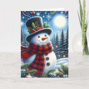 Cute Snowman wearing Plaid Scarf and Top Hat Holiday Card
