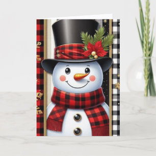 Cute Snowman wearing Plaid Scarf and Top Hat Holiday Card