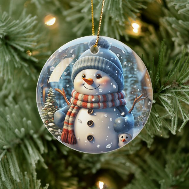 Cute Snowman Wearing Scarf and Hat Ceramic Ornament (Tree)
