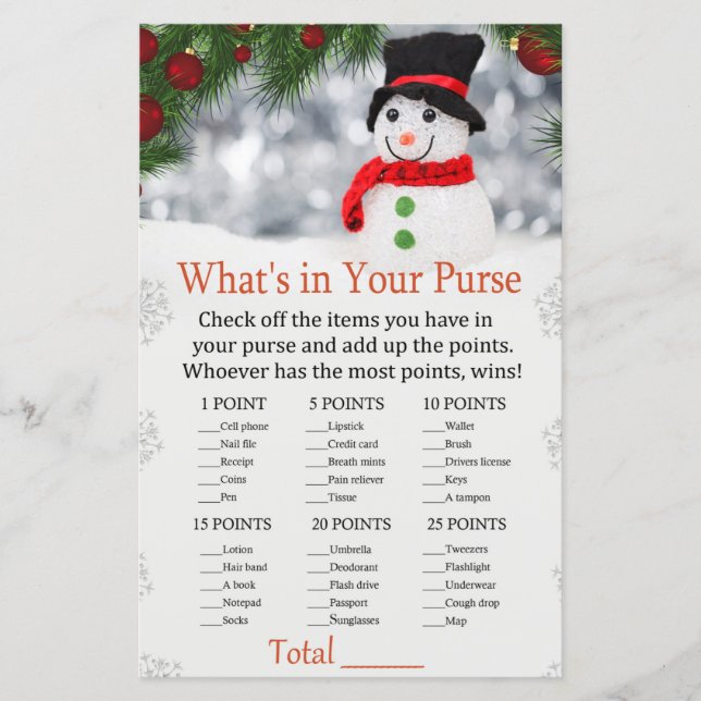 Cute snowman What's in your purse game (Front)