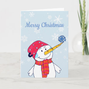 Cute Snowman with a Snowflake Blue Kids Christmas Holiday Card