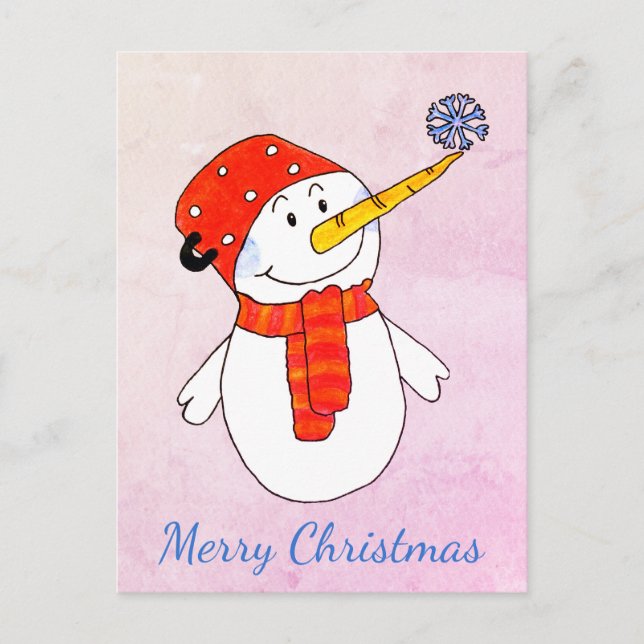 Cute Snowman with a Snowflake Pink Merry Christmas Holiday Postcard (Front)