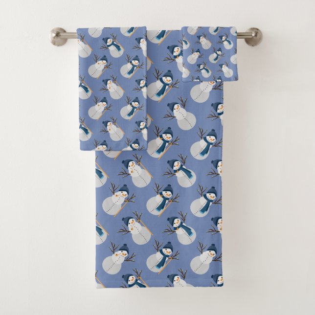 Cute Snowman with Beanie - Editable BG Colour Bath Towel Set (Insitu)
