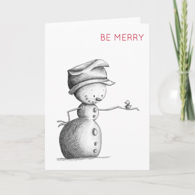 Cute Snowman with Bird Illustration Be Merry Holiday Card (Front)