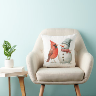 Cute Snowman with Bird Winter Christmas Scene Throw Pillow