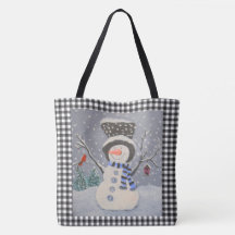 Cute Snowman With Cardinal On Black Buffalo Plaid