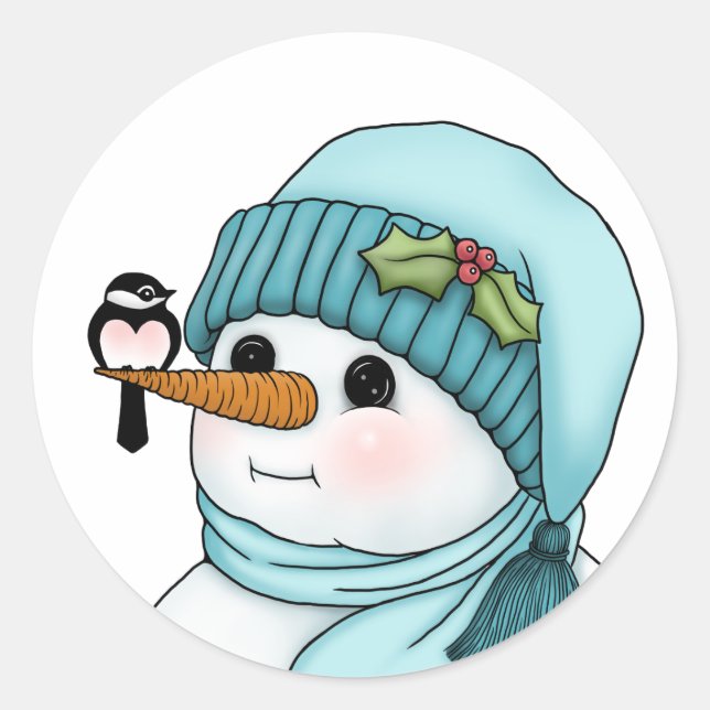 Cute Snowman with Chickadee on his Carrot Nose Classic Round Sticker (Front)