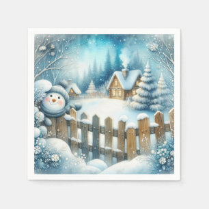 Cute Snowman With Christmas Cottage Napkin