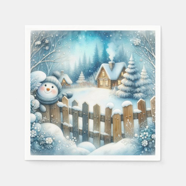Cute Snowman With Christmas Cottage Napkin (Front)