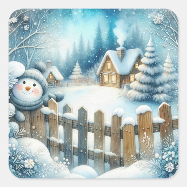 Cute Snowman With Christmas Cottage Square Sticker (Front)