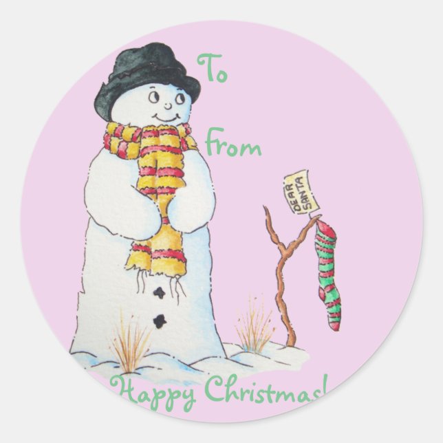 Cute snowman with Christmas stocking in the snow Classic Round Sticker (Front)