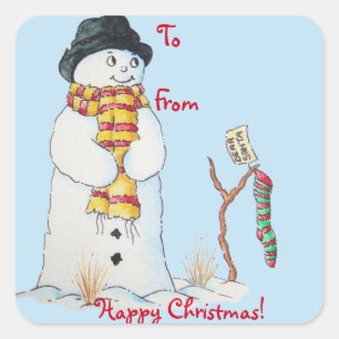 Cute snowman with Christmas stocking in the snow Square Sticker
