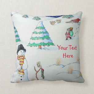 Cute snowman with Christmas stocking in the snow Throw Pillow