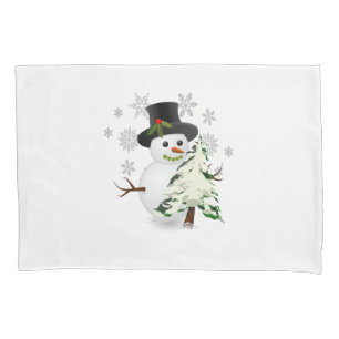 Cute Snowman with Christmas Tree Pillow Case