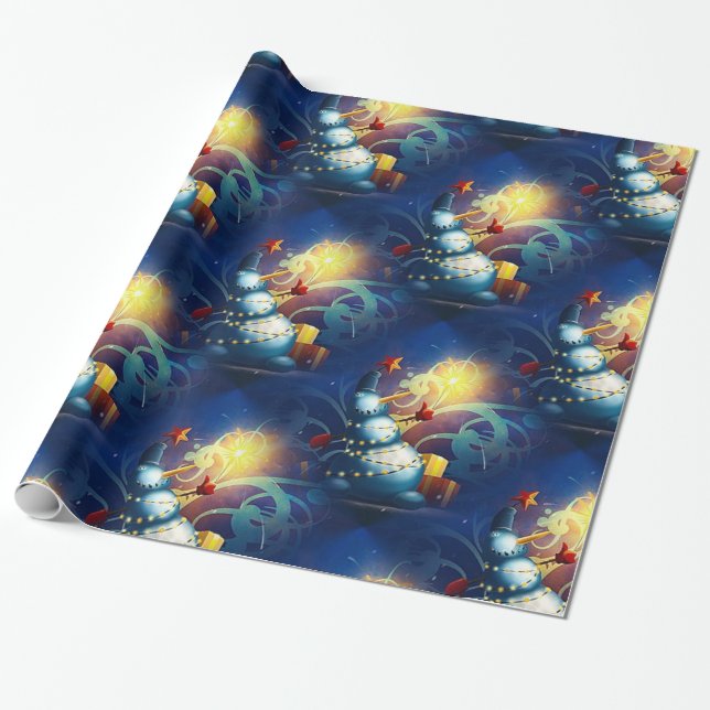 Cute Snowman with Gifts and Firework Wrapping Paper (Unrolled)