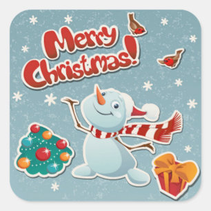 Cute Snowman with Gifts, Christmas Tree & Birds Square Sticker