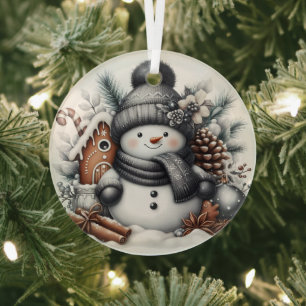 Cute snowman with gingerbread house glass ornament
