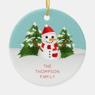 Cute Snowman With Personalizable Name Christmas Ceramic Ornament