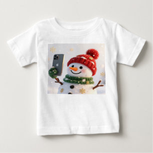 Cute Snowman with Phone Christmas Design Baby T-Shirt